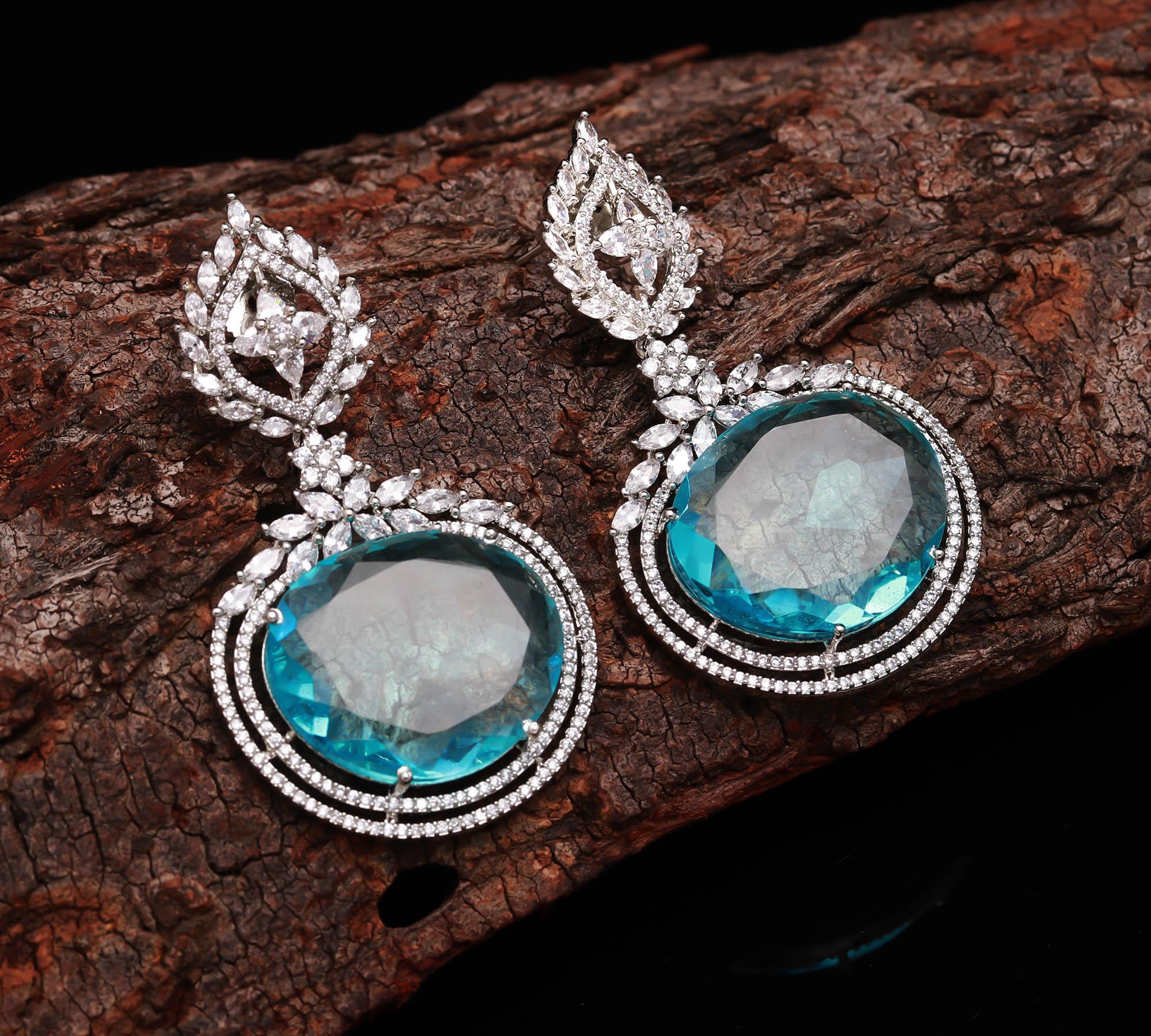 Royal Blue Crystal Drop Earrings for Women – Luxury Silver Plated Long Dangler Earrings with Sparkling CZ Diamonds | Haamsi Jewellery